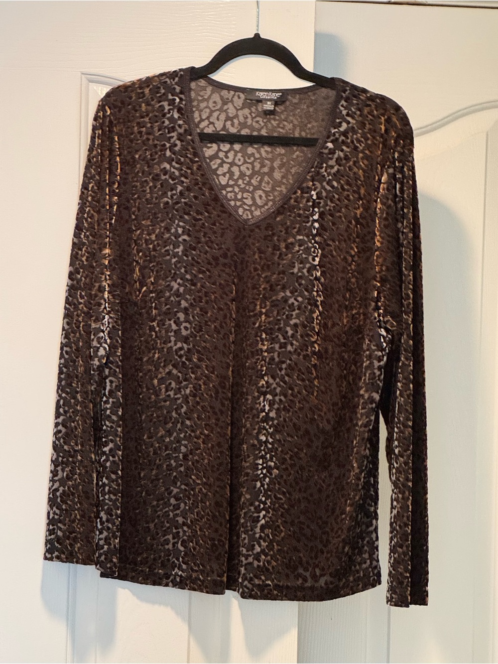 Karen Kane Brown Burned Out Velvet Leopard-Print V-Neck Long Sleeve Top